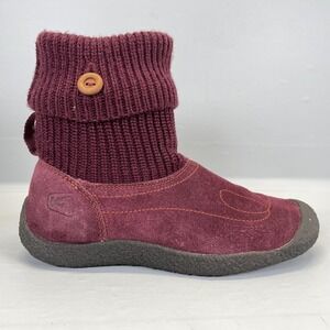 Keen Shay Boots Womens Size 6.5 Burgundy Suede Knit Cuff Button Ankle‎ Warm Cozy